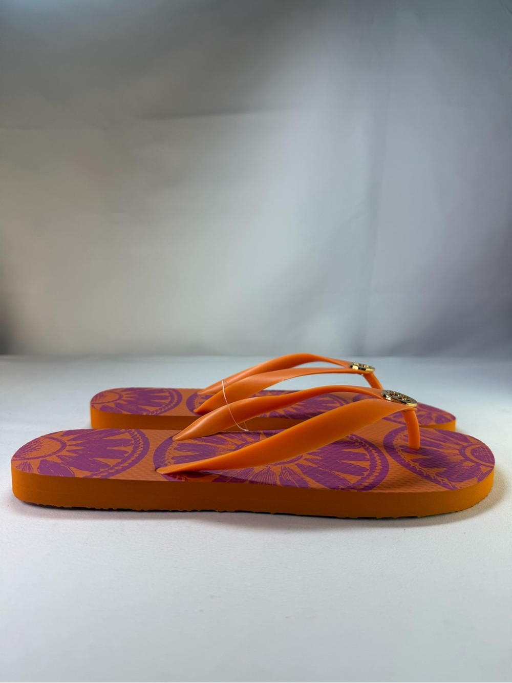 Tory Burch Foundation Orange Pink Logo Flip Flops Size 9